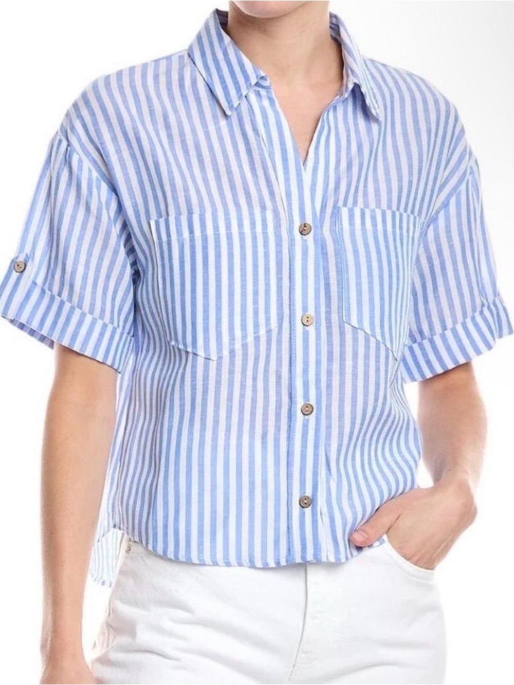 Jason Wu white blue striped linen blend button down short sleeve size small